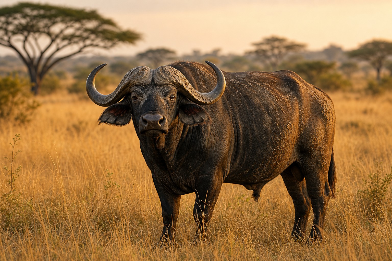 African buffalo standing in golden savanna grass